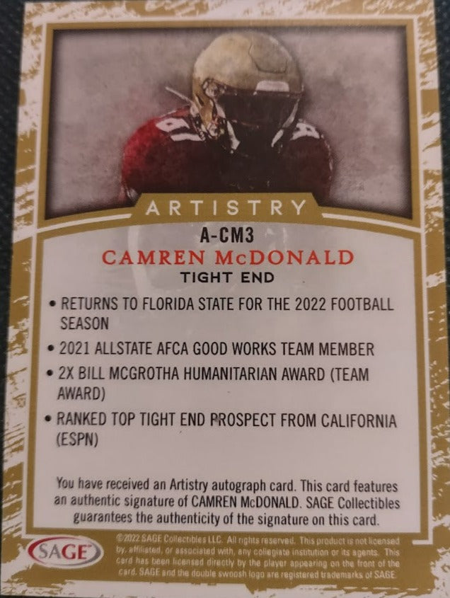 2022 Sage Artistry Autograph Silver ACM3 Camren Mcdonald - Football Card NM-MT