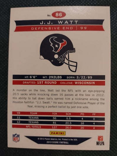 2013 Score Scorecard #86 J.J. Watt - Football Card - {NM-MT}