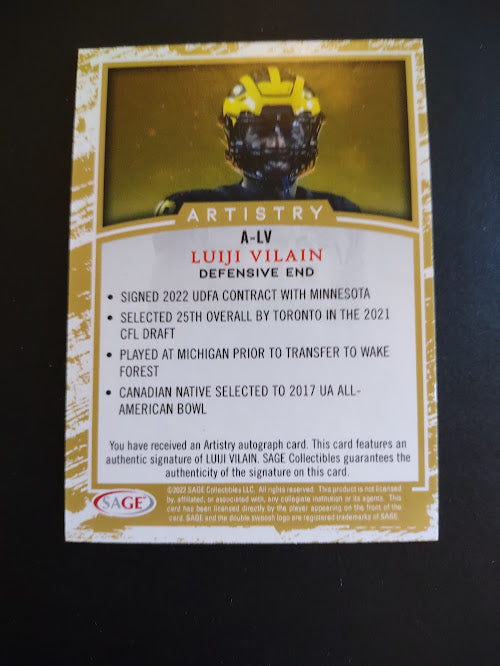 2022 SAGE Artistry Autographs #ALV Luiji Vilain - Football Card {NM-MT}