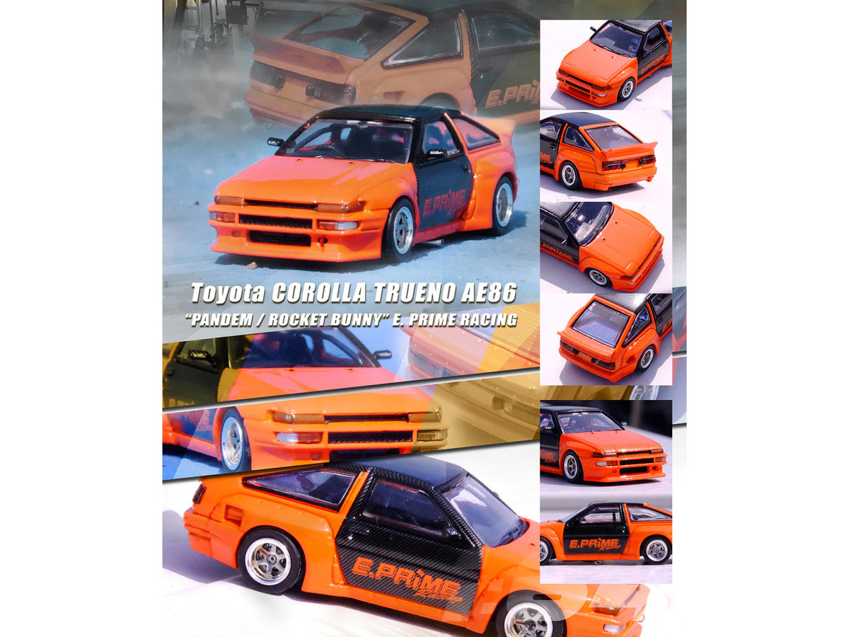 Toyota Corolla AE86 Trueno RHD (Right Hand Drive) Orange with Carbon Fibre Top and Doors "E. Prime Racing - Pandem/Rocket Bunny" 1/64 Diecast Model Car by Inno Models
