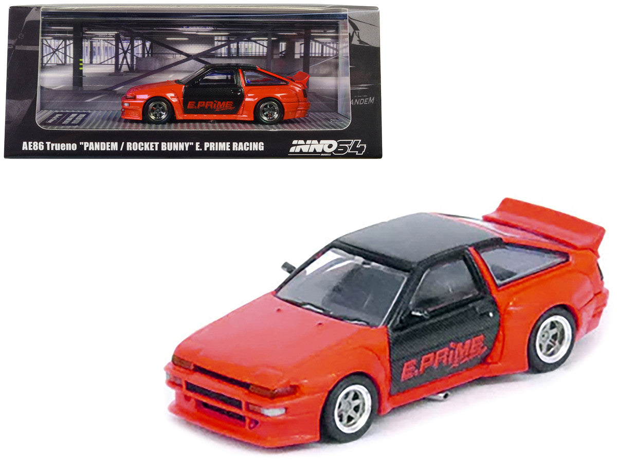 Toyota Corolla AE86 Trueno RHD (Right Hand Drive) Orange with Carbon Fibre Top and Doors "E. Prime Racing - Pandem/Rocket Bunny" 1/64 Diecast Model Car by Inno Models