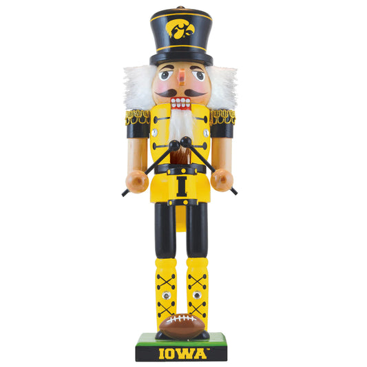 Handcrafted Iowa Hawkeyes 12" Wooden Nutcracker, featuring team colors, football, flag, and gems. Perfect for fans and collectors.