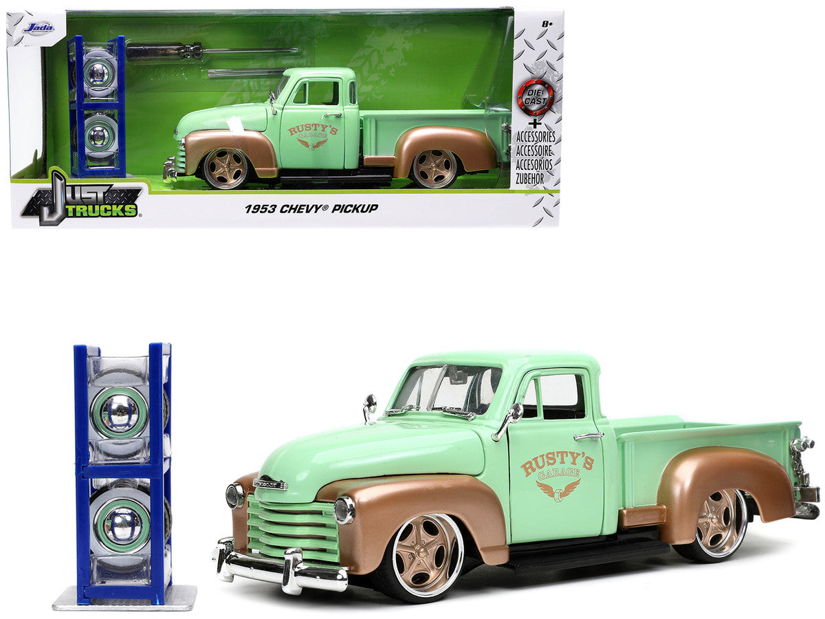 1953 Chevrolet 3100 Pickup Truck Light Green and Gold Metallic "Rusty's Garage" with Extra Wheels 1/24 Diecast Model.