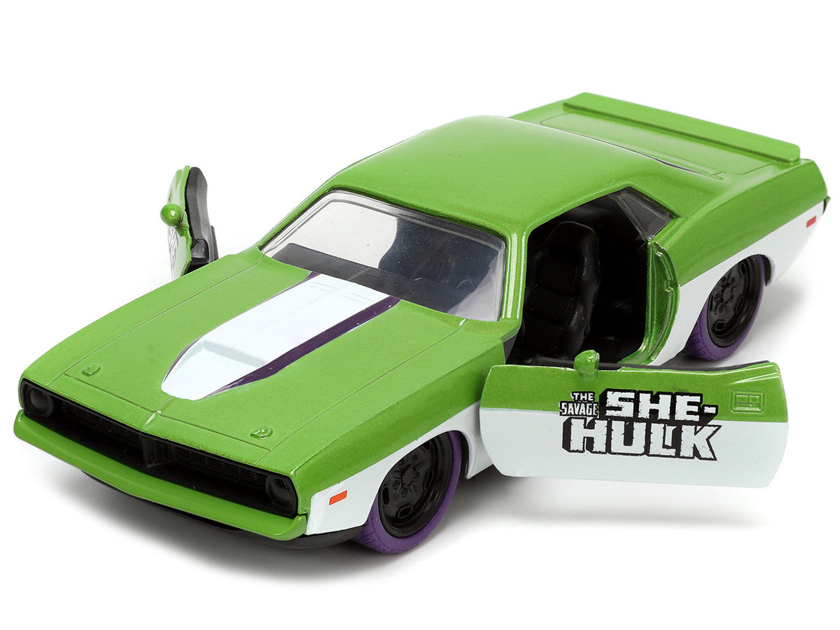 1973 Plymouth Barracuda Green Metallic and White and She-Hulk Diecast Figure "The Savage She-Hulk" "Hollywood Rides" Series 1/32 Diecast Car by Jada