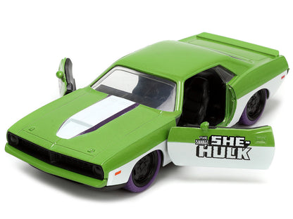 1973 Plymouth Barracuda Green Metallic and White and She-Hulk Diecast Figure "The Savage She-Hulk" "Hollywood Rides" Series 1/32 Diecast Car by Jada
