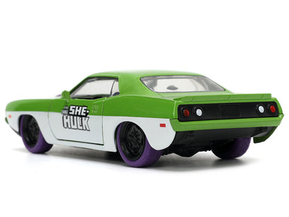 1973 Plymouth Barracuda Green Metallic and White and She-Hulk Diecast Figure "The Savage She-Hulk" "Hollywood Rides" Series 1/32 Diecast Car by Jada