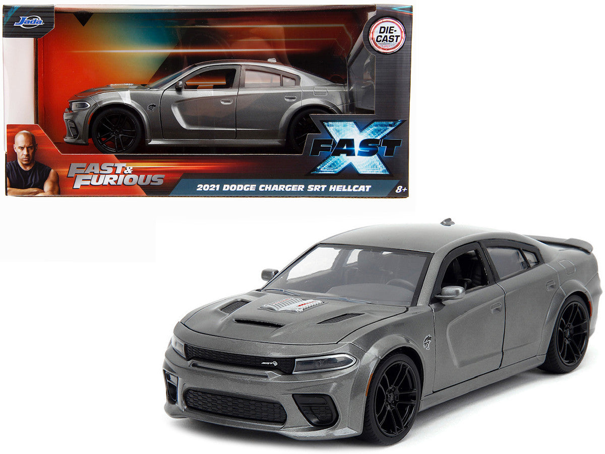 1/24 scale Jada 2021 Dodge Charger SRT Hellcat diecast car in Gray Metallic from Fast X with opening parts.