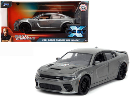 1/24 scale Jada 2021 Dodge Charger SRT Hellcat diecast car in Gray Metallic from Fast X with opening parts.