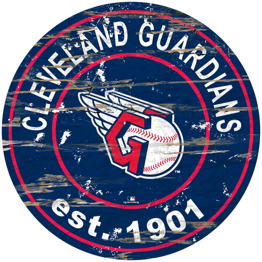 Cleveland Guardians distressed round sign, 24" diameter. Features team graphics & established date. Indoor use only. Officially licensed.