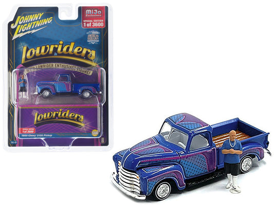 1950 Chevrolet 3100 Pickup Truck Lowrider Blue with Graphics and Diecast Figure Ltd. Edition - 3600 pcs. Worldwide 1/64 Diecast Car - Johnny Lightning