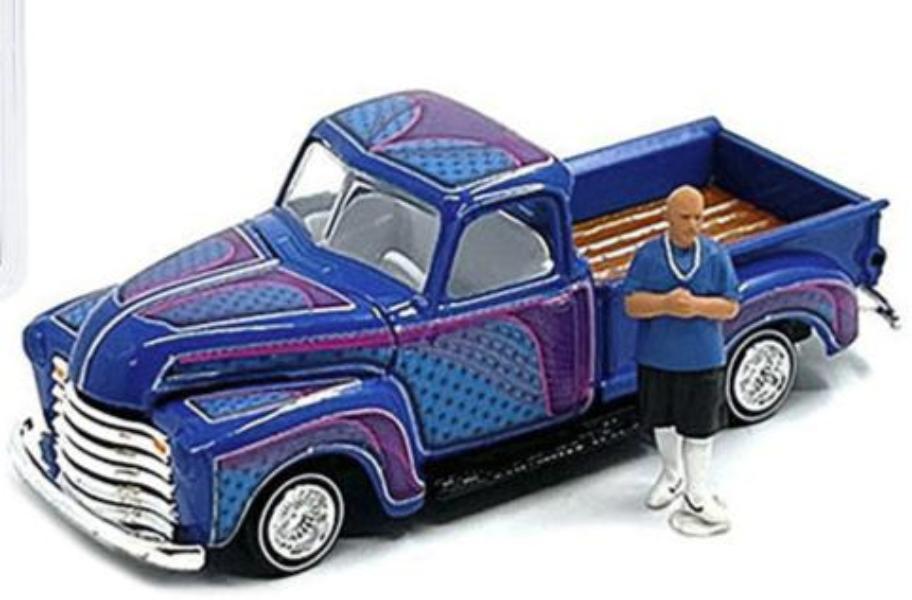 1950 Chevrolet 3100 Pickup Truck Lowrider Blue with Graphics and Diecast Figure Ltd. Edition - 3600 pcs. Worldwide 1/64 Diecast Car - Johnny Lightning