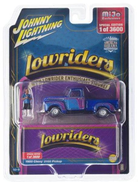 1950 Chevrolet 3100 Pickup Truck Lowrider Blue with Graphics and Diecast Figure Ltd. Edition - 3600 pcs. Worldwide 1/64 Diecast Car - Johnny Lightning