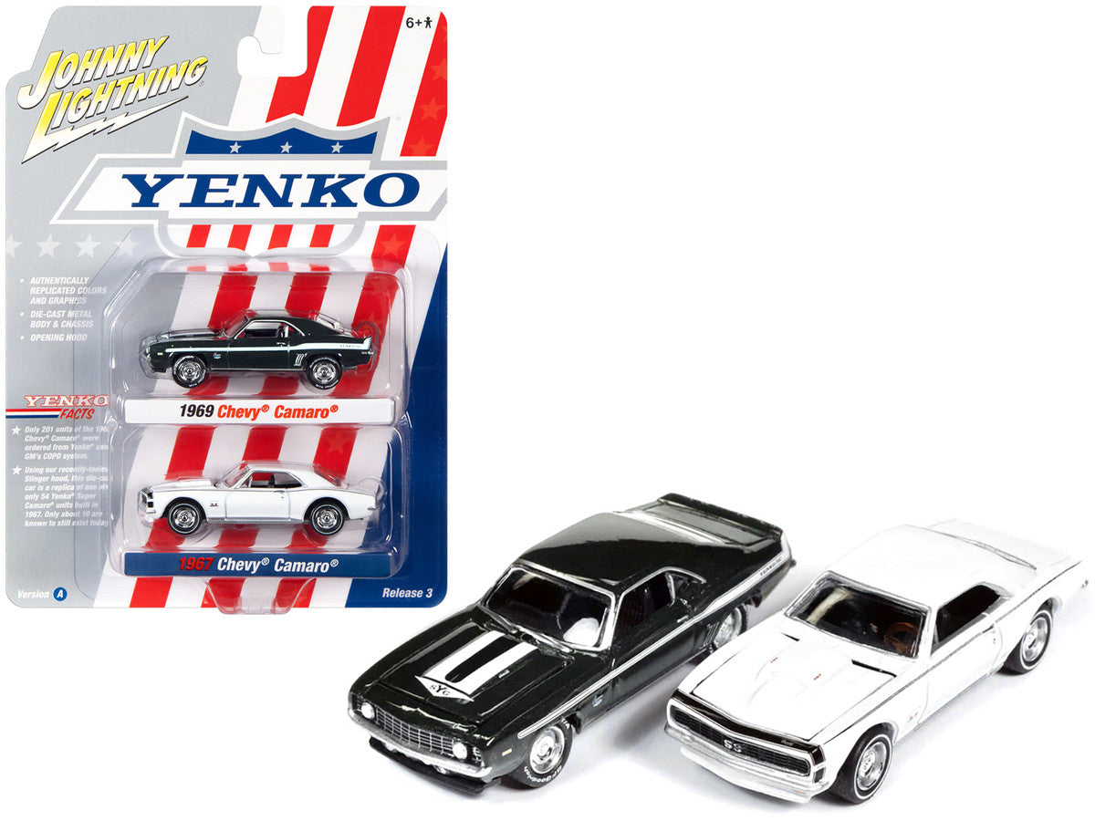 1969 Chevrolet Camaro Green Metallic w/ White Stripes and 1967 Chevrolet Camaro White w/ Black Nose Stripe "Yenko" Series- 2 Cars 1/64 Diecast Cars