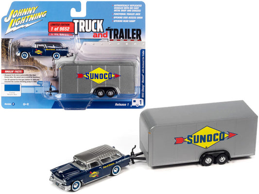 1955 Chevrolet Nomad "Sunoco" Blue with Gray Top with Enclosed Car Trailer Ltd. Edition to 9652 pcs. "Truck and Trailer" Series 1/64 Diecast Car
