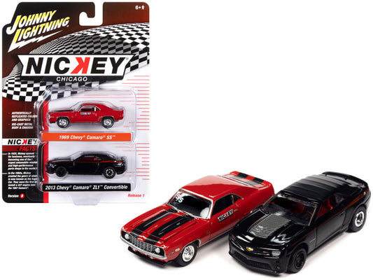 1969 Chevrolet Camaro SS Red and 2013 Chevrolet Camaro ZL1 Convertible Black "Nickey Chicago" Set of 2 Cars "2-Packs" 2023 Release 1 1/64 Diecast Cars
