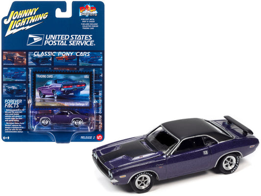 1970 Dodge Challenger R/T Plum Crazy Purple Metallic w/ Black Top & Hood (United States Postal Service) "Pop Culture" 2023 Release 2 1/64 Diecast Car