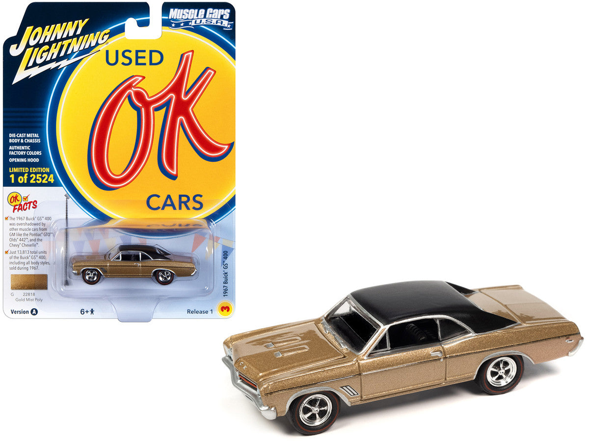 Johnny Lightning 1967 Buick GS 400 diecast car in Gold Mist Metallic with a Matt Black Top, limited to 2,524 pieces.