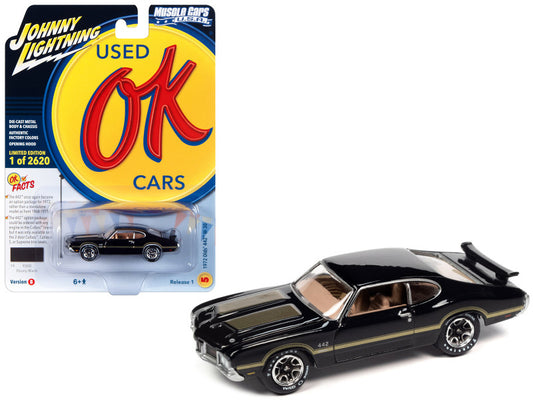 1972 Oldsmobile 442 W-30 Ebony Black with Gold Metallic Stripes Limited Edition to 2620 pieces Worldwide "OK Used Cars" 2023 Series 1/64 Diecast Car