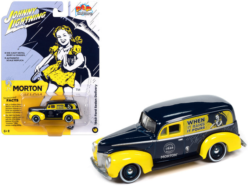 Johnny Lightning 1940 Ford Sedan: Dark blue and yellow, 1/64 scale. Real rubber tires, detailed exterior. Morton Salt.