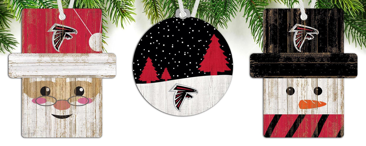 Atlanta Falcons NFL 3-pack ornament set with Santa, snowman, and snow scene. Perfect for festive tree decoration