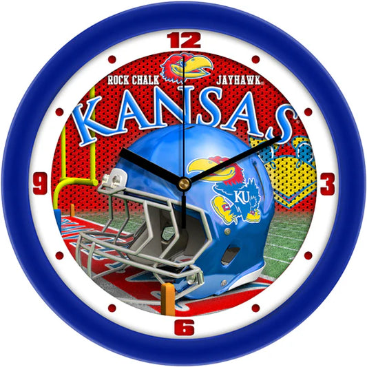 Kansas Jayhawks Football Helmet Wall Clock - 11.5". Team colors, 3D design, quartz movement. Officially licensed by Suntime.