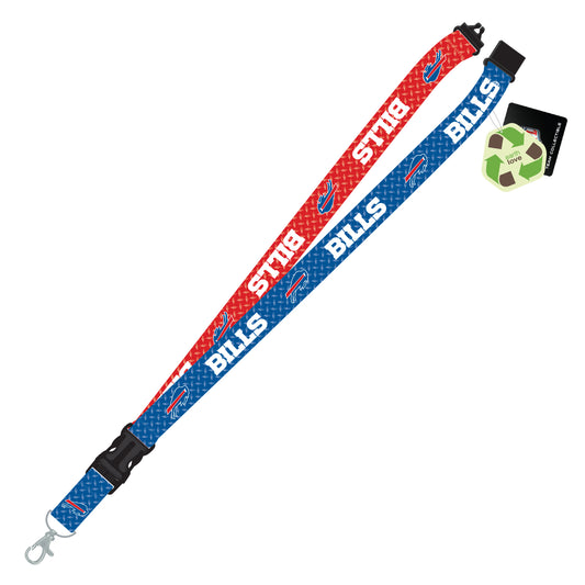 Buffalo Bills lanyard by MOJO: 1” wide x 24” long with detachable clip, snap breakaway, team colors, and diamond plate design.