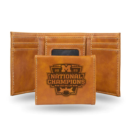 Michigan Wolverines 2023-24 CFP National Champions Brown Laser Engraved Men's Trifold Wallet by Rico