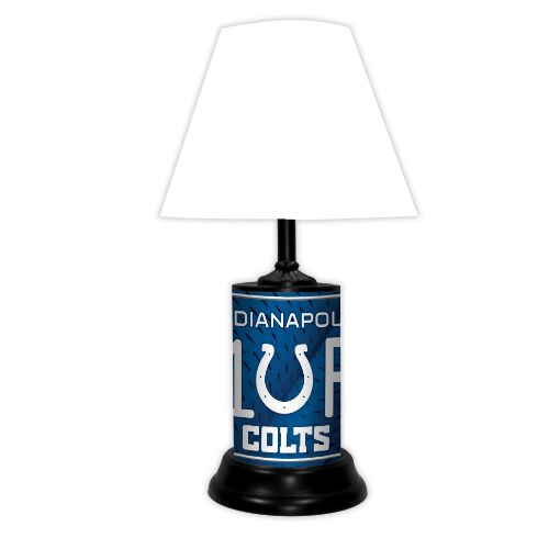 Indianapolis Colts tabletop lamp featuring team colors, logo and wording "#1 Fan" with black base and white shade