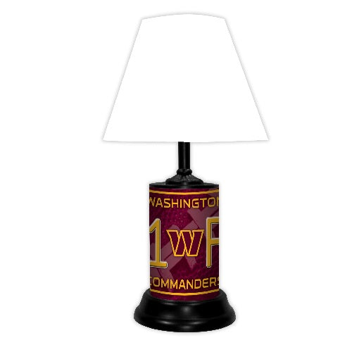 Washington Commanders tabletop lamp featuring team colors, logo and wording "#1 Fan" with black base and white shade