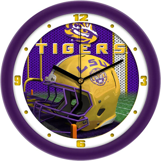 LSU Tigers Football Helmet Wall Clock: Vibrant team colors, 3D design, 11.5" x 11.5", quartz movement. Officially licensed by Suntime.