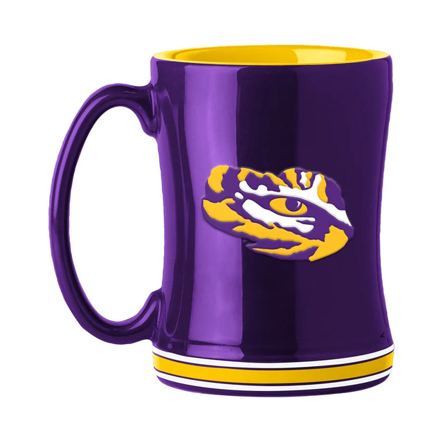 LSU Tigers 14 oz ceramic coffee mug with 3D logo, team colors, and team name on handle. Microwave & dishwasher safe.