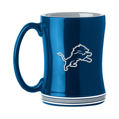 Detroit Lions 14oz ceramic coffee mug with team colors, 3D logo, and team name on handle by Logo Brands.