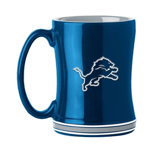 Detroit Lions 14oz ceramic coffee mug with team colors, 3D logo, and team name on handle by Logo Brands.