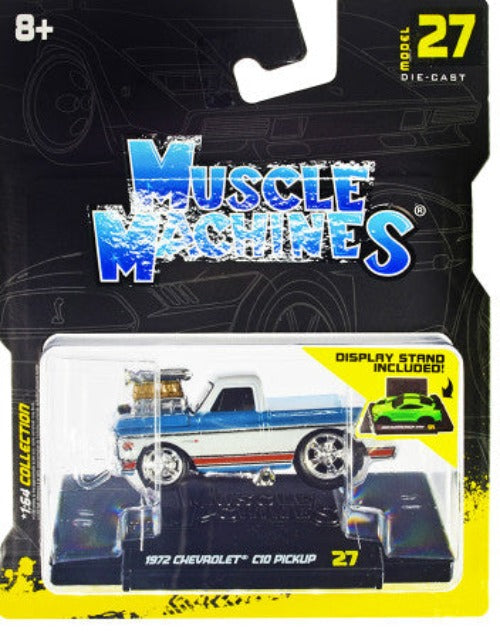 1972 Chevrolet C10 Pickup Truck Blue and White with Stripes 1/64 Diecast Model Car by Muscle Machines