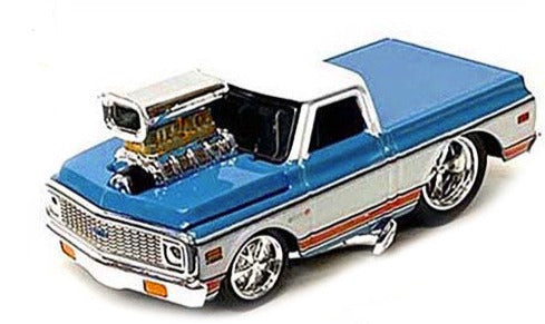 1972 Chevrolet C10 Pickup Truck Blue and White with Stripes 1/64 Diecast Model Car by Muscle Machines