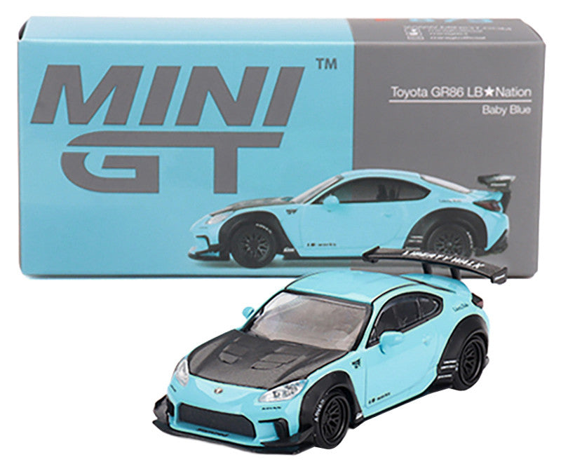 Toyota GR86 "LB-Nation - Liberty Walk" Baby Blue with Carbon Hood Limited Edition 1/64 Diecast Model Car by Mini GT
