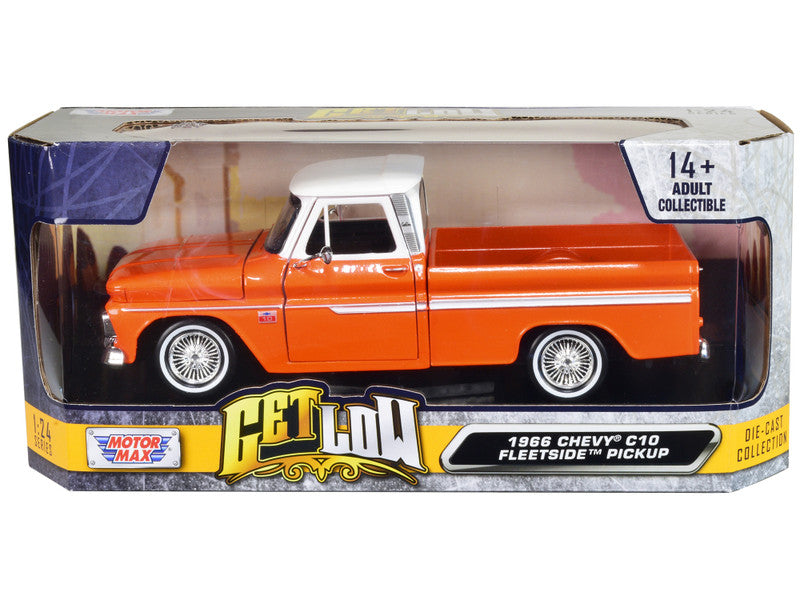 Motormax 1966 Chevrolet C10 Fleetside Pickup Truck in Lowrider Orange Metallic, 1/24 Diecast Model with opening parts and real rubber tires.