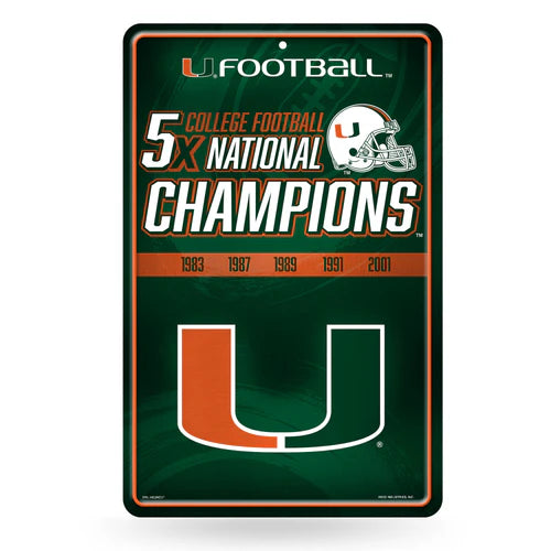 Miami Hurricanes 5 Time College Football Champs 11"x17" Large Metal Wall Sign by Rico