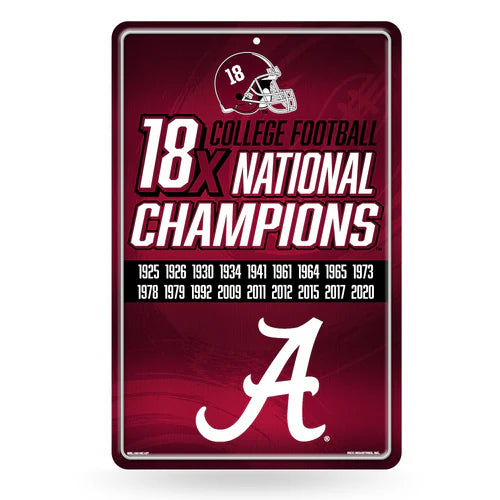 Alabama Crimson Tide 11"x17" Metal Wall Sign by Rico. Features 18x National Champions, team colors and officially Licensed.