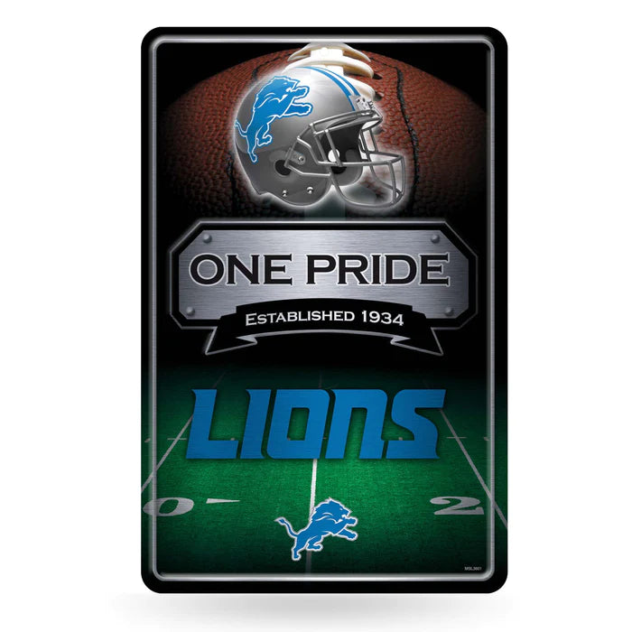 Embossed metal wall sign featuring Detroit Lions team name and established date. Officially licensed NFL product, perfect for any fan cave.