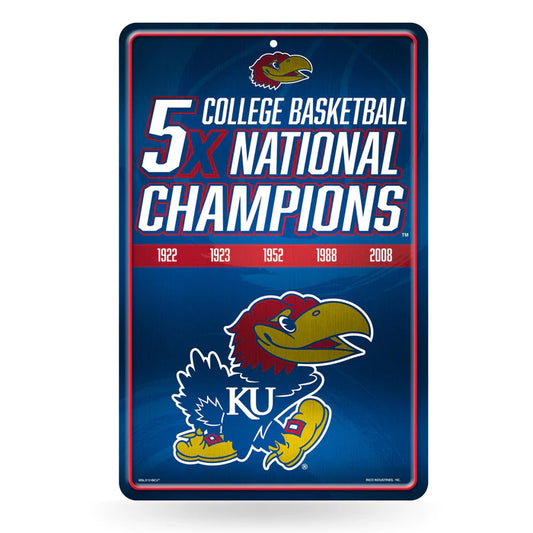 Kansas Jayhawks 5 Time College Basketball Champs Large 11x17 Metal Wall Sign by Rico