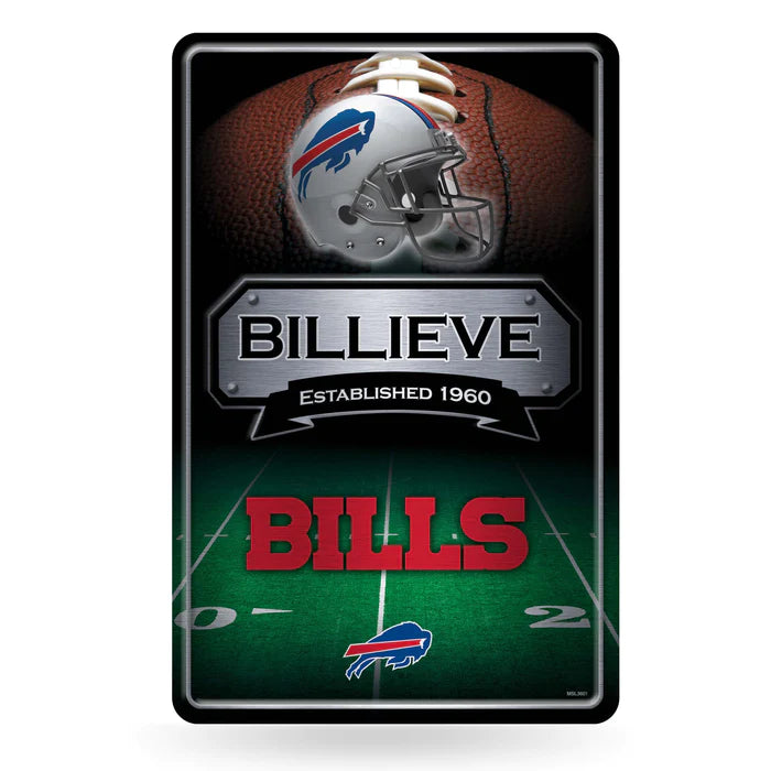 Elevate your fan space with this 11" x 17" Buffalo Bills metal wall sign. Features team name, established date, and official NFL licensing.