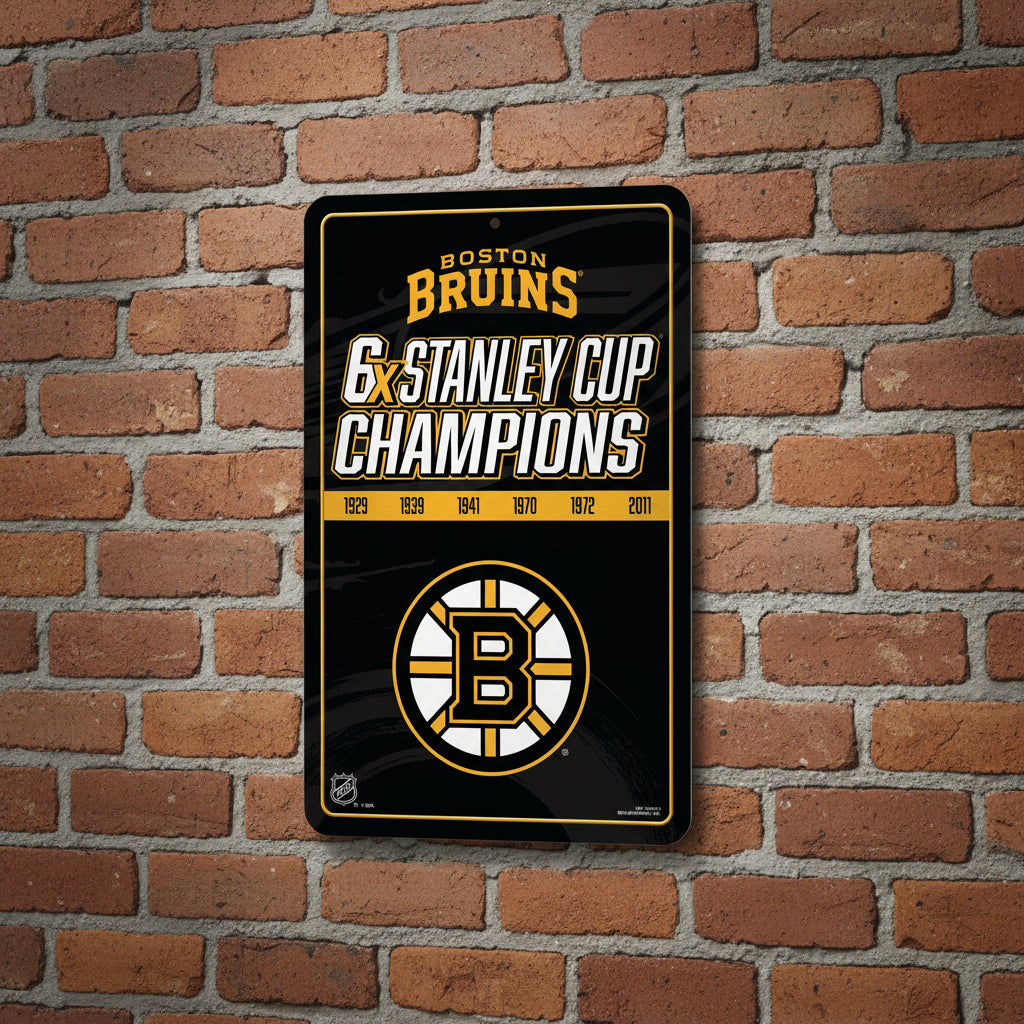 Boston Bruins sign celebrating 6 Stanley Cup championships on a brick wall
