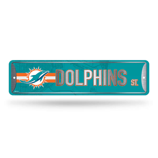 Miami Dolphins NFL 4"x15" metal street sign with team colors and graphics, officially licensed by Rico Industries.