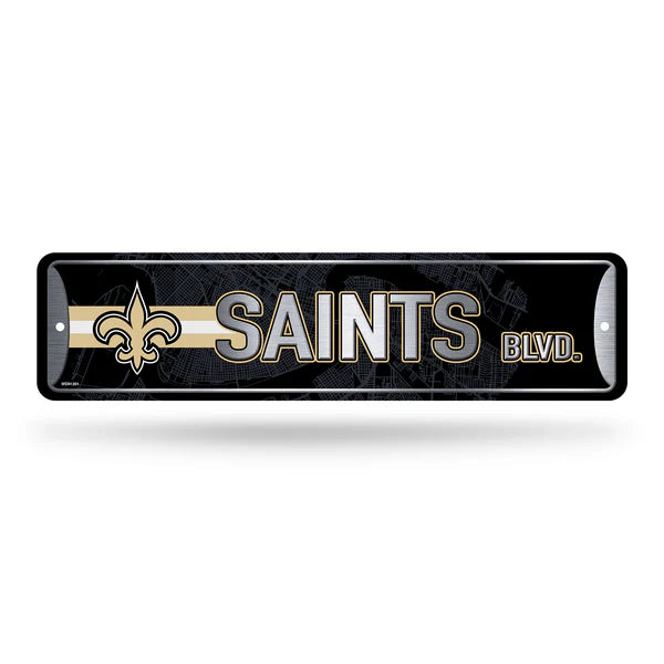 New Orleans Saints 4"x15" NFL metal street sign featuring team colors and graphics, officially licensed by Rico.