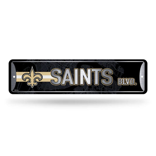 New Orleans Saints 4"x15" NFL metal street sign featuring team colors and graphics, officially licensed by Rico.