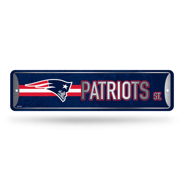 New England Patriots 4"x15" NFL metal street sign with team colors and graphics, officially licensed by Rico.
