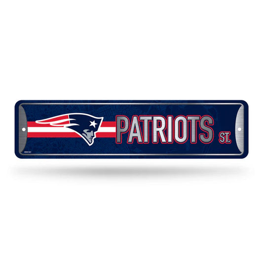 New England Patriots 4"x15" NFL metal street sign with team colors and graphics, officially licensed by Rico.