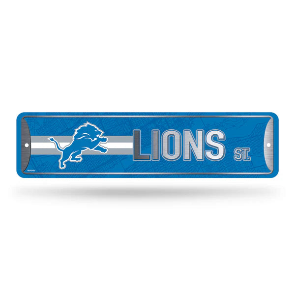 Detroit Lions NFL 4"x15" metal street sign with team colors and graphics, officially licensed by Rico Industries.