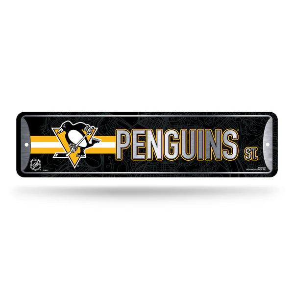 Pittsburgh Penguins NHL metal street sign, 4x15 wall décor with official team colors and bold graphics